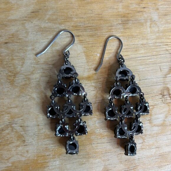 Pair of black glass crystal chandelier dangle statement earrings 2” - Picture 4 of 5
